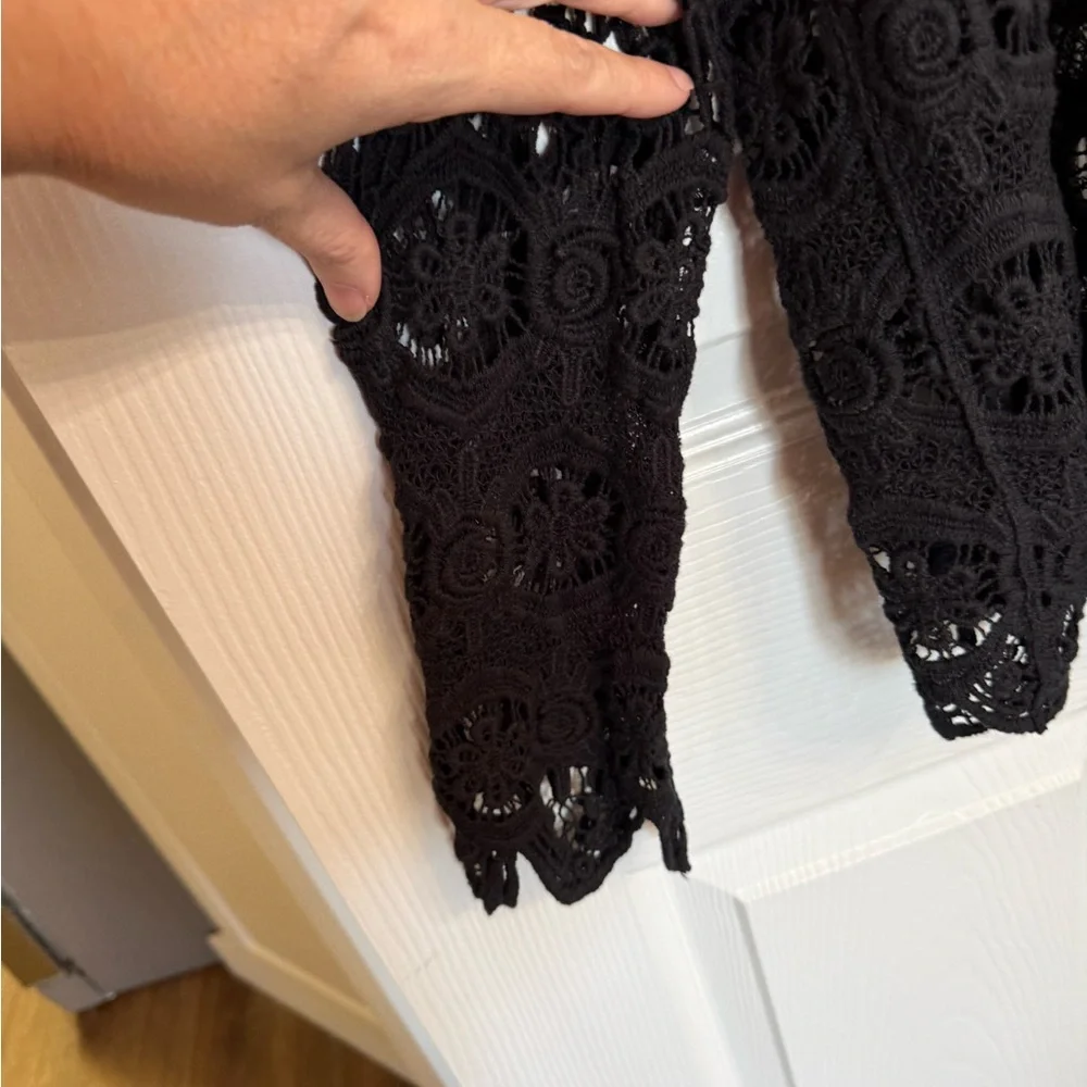 Forever 21 Black Crochet Lace Open Front Cardigan OS Festival Boho Grunge Fairy - Picture 3 of 5